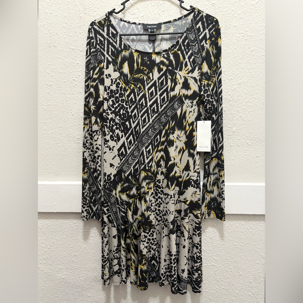 Karen Kane Amber Waves Long Sleeve Dakota Dress Black & Yellow Print NWT Small